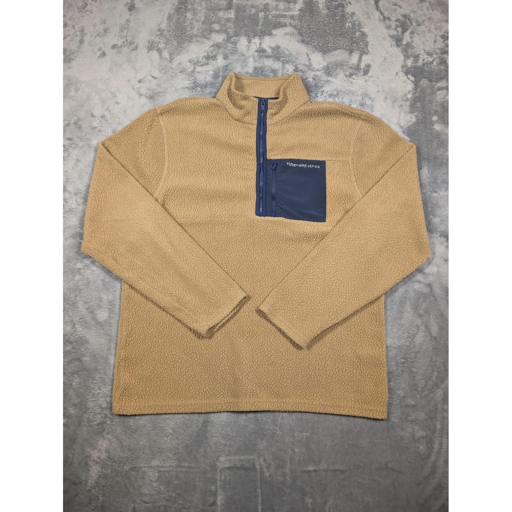 Vineyard Vines Sweater Mens Medium Tan Sherpa Fleece Quarter Zip Pullover